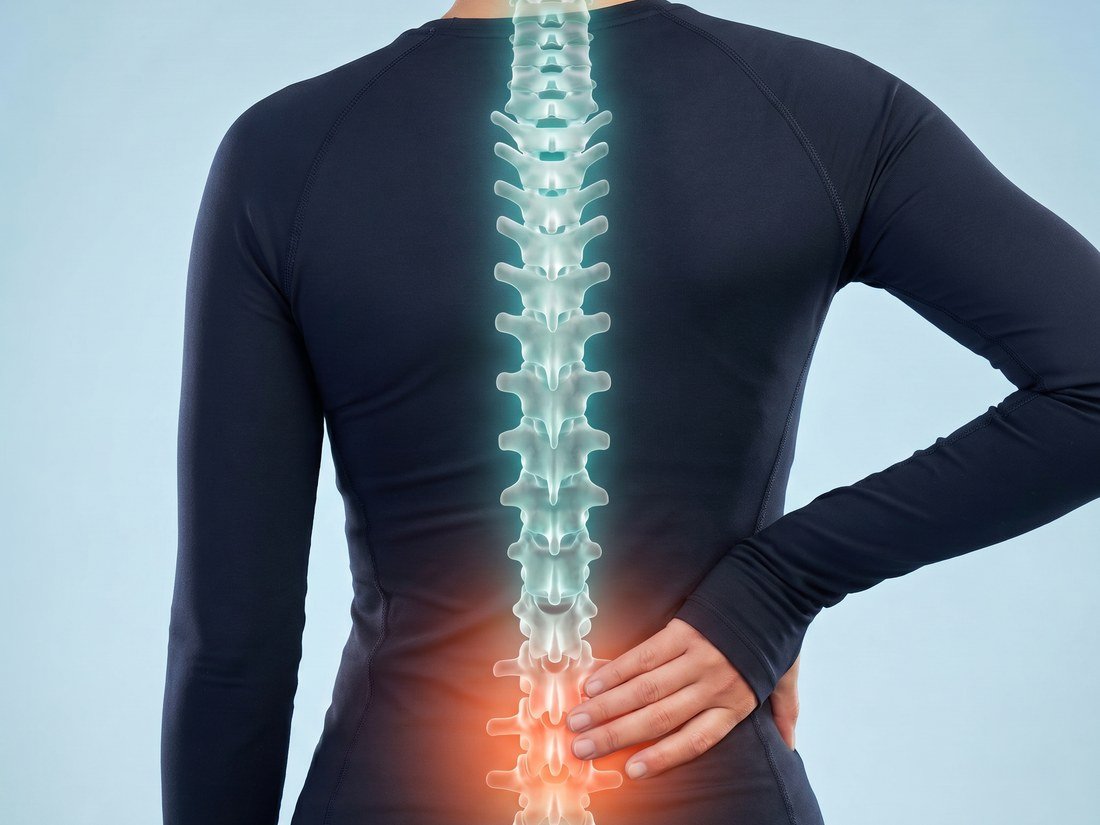 Lower-back pain shown as a red glow over the lumbar spine with a hand resting on the lower back